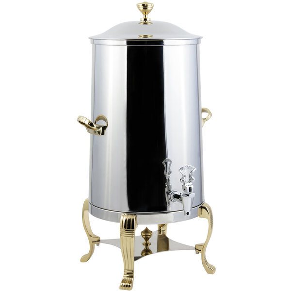 A Bon Chef stainless steel coffee chafer urn with brass trim.