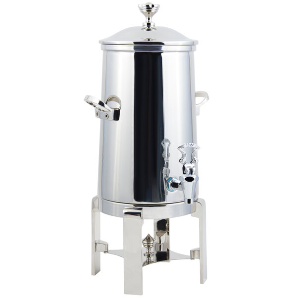 A stainless steel Bon Chef coffee chafer urn with chrome trim and handles.