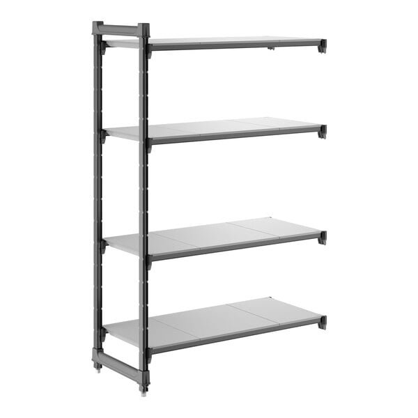 A four-shelf add-on shelving unit with solid shelves and a black frame.