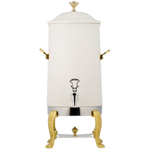 A white stainless steel coffee chafer urn with brass trim.