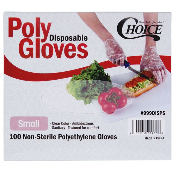 A package of Choice disposable poly gloves on a counter.