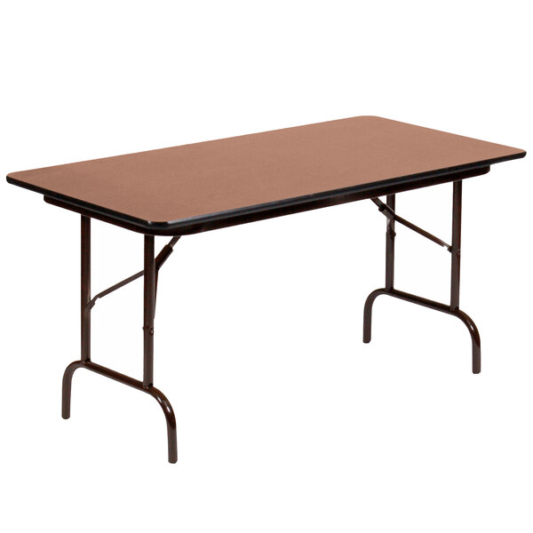 A Correll medium oak rectangular folding table with a metal frame.