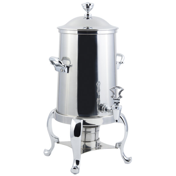 A stainless steel Bon Chef coffee chafer urn with a lid.