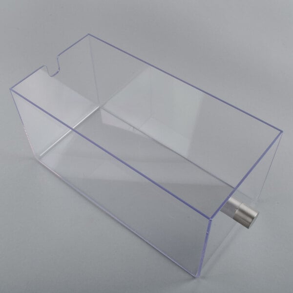 A clear plastic drawer with a silver knob.