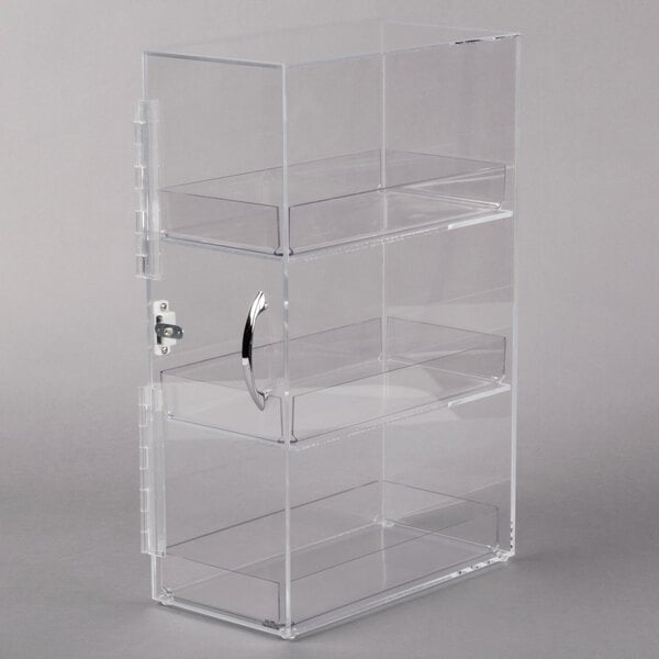 A clear plastic Cal-Mil bread box with three compartments and a door.