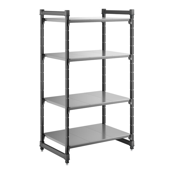 A four-shelf black and gray stationary shelving unit with solid shelves.