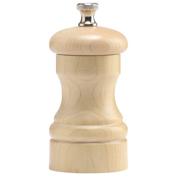 A Chef Specialties natural maple wood pepper mill with a round metal top.