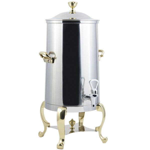 A Bon Chef stainless steel coffee chafer urn with brass trim.