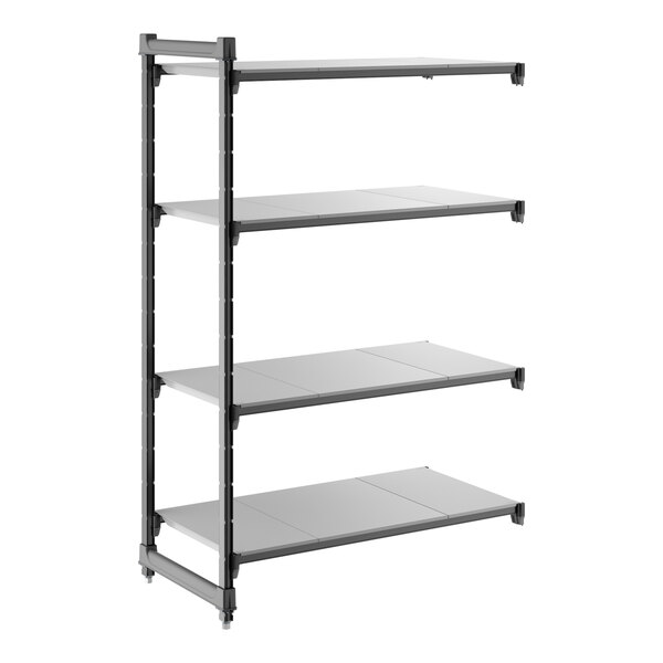 A four-shelf add-on shelving unit with solid shelves and a black frame.