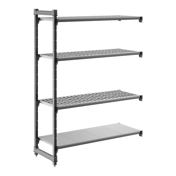 A four-tier shelving unit with three vented shelves and one solid shelf, designed for storage and organization.
