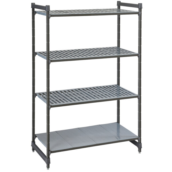 A grey metal Cambro Camshelving Basics Plus stationary starter unit with 3 vented shelves and 1 solid shelf.