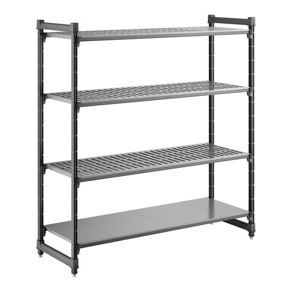 A black stationary shelving unit with three vented shelves and one solid shelf.