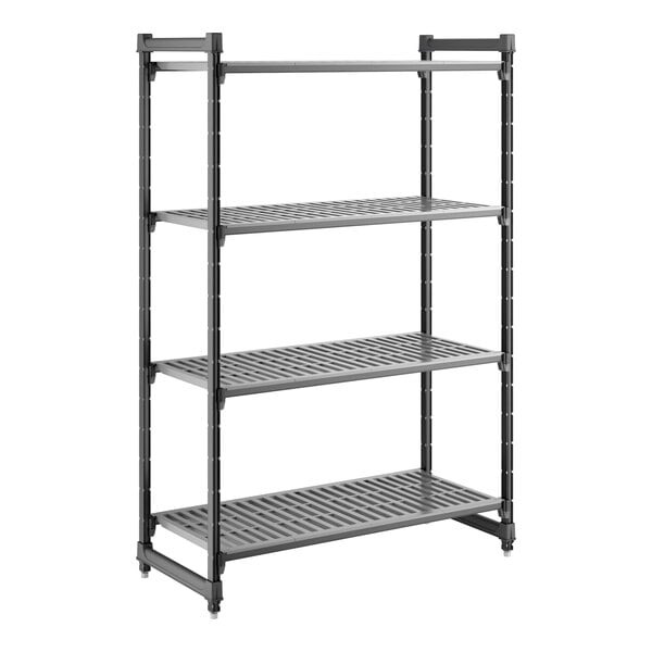A four-shelf vented stationary shelving unit made of durable plastic, measuring 21 inches by 48 inches by 72 inches.