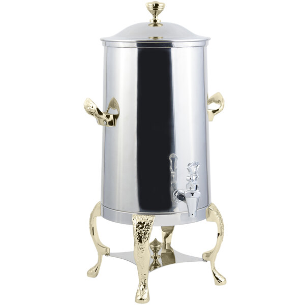 A Bon Chef stainless steel coffee chafer urn with brass trim.