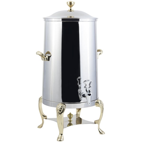 A Bon Chef stainless steel coffee chafer urn with brass trim.