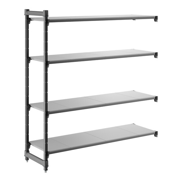 A four-shelf solid add-on shelving unit with a metal frame, measuring 18 inches by 60 inches by 64 inches.