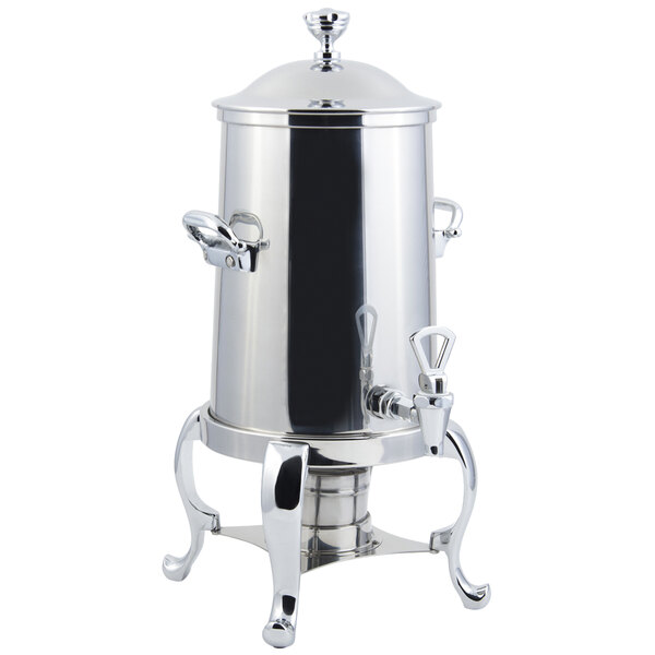 A stainless steel Bon Chef coffee chafer urn with chrome trim and two handles.