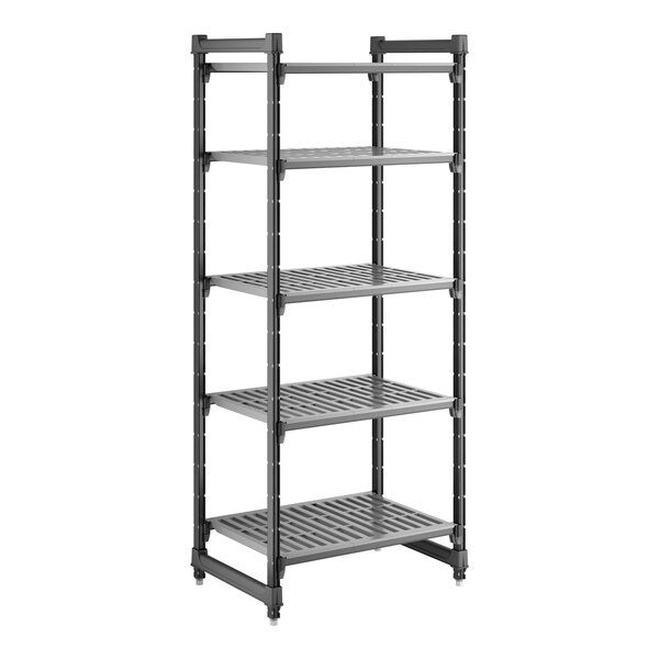 A gray, five-shelf vented plastic shelving unit designed for storage and organization.