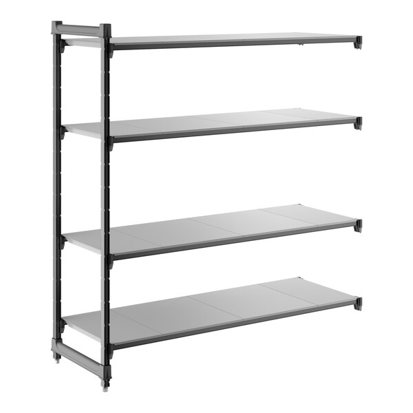 A four-shelf solid add-on shelving unit with a black frame and gray shelves.