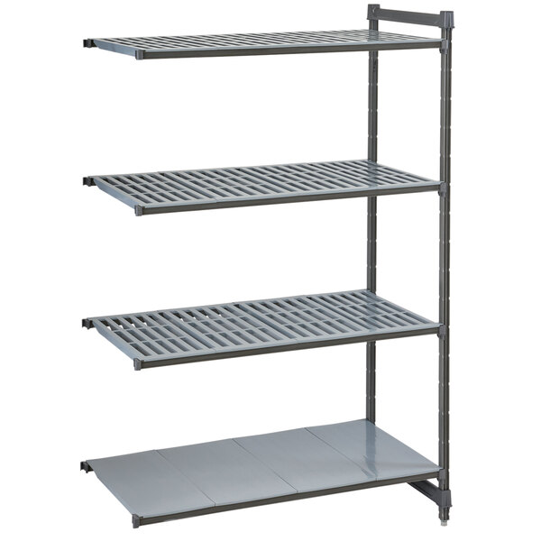 A grey metal Cambro Camshelving Basics add on unit with shelves.