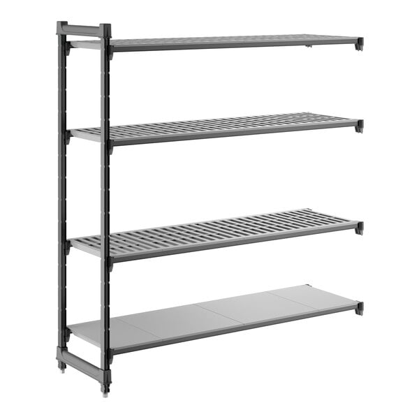 A black shelving unit with three vented shelves and one solid shelf.