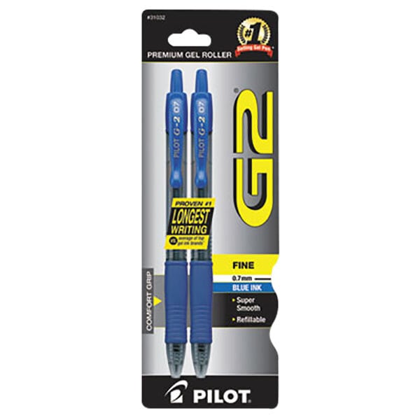 A close-up of two Pilot G2 blue gel pens with translucent barrels.