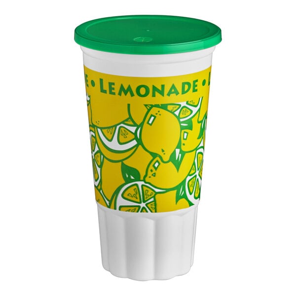 A 32 oz. lemonade economy car cup with a green lid.