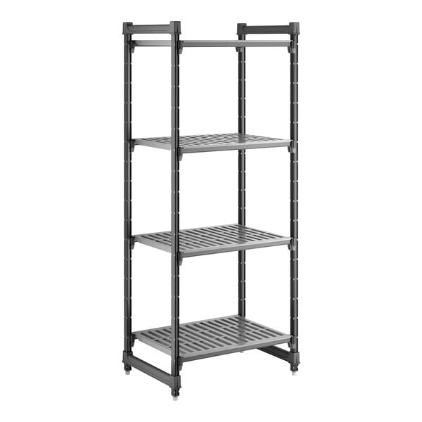 A four-shelf, vented, stationary shelving unit made of plastic, measuring 21 inches by 30 inches by 72 inches.