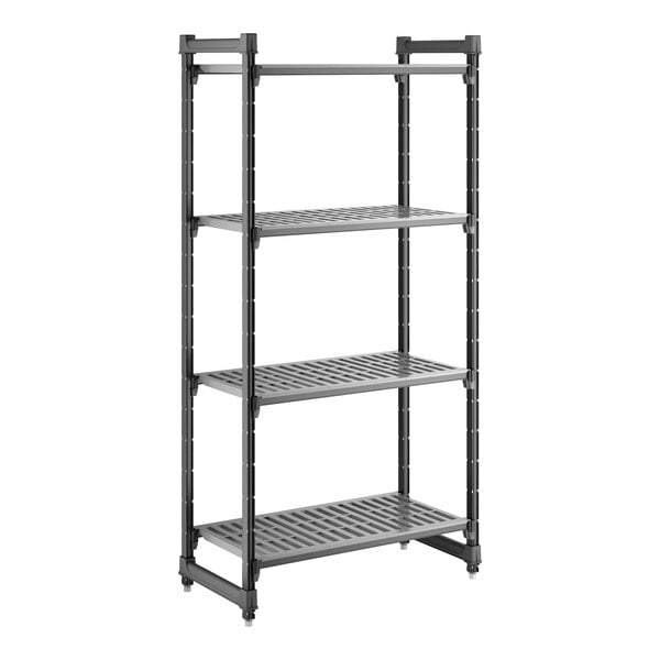 A four-shelf, vented, stationary shelving unit made of durable plastic, measuring 18 inches by 36 inches by 72 inches.