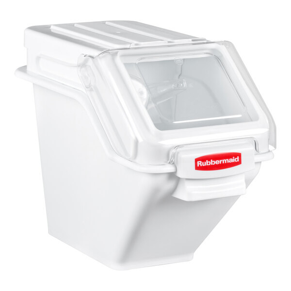 A white Rubbermaid ProSave ingredient storage bin with a sliding lid and scoop.