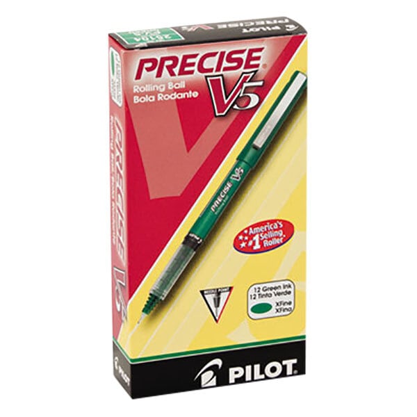 A green Pilot Precise V5 pen in a green box.