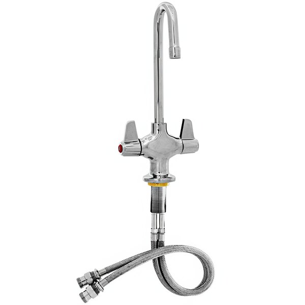 A chrome Equip by T&amp;S deck-mounted faucet with flex inlets and gooseneck spout with lever handles.