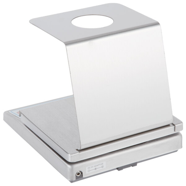 A silver Cardinal Detecto electronic portion scale with a silver metal cone holder.