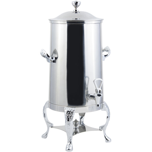 A Bon Chef stainless steel coffee chafer urn with chrome trim on a stand.