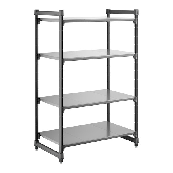 A black four-shelf stationary shelving unit with solid shelves and a sturdy frame.