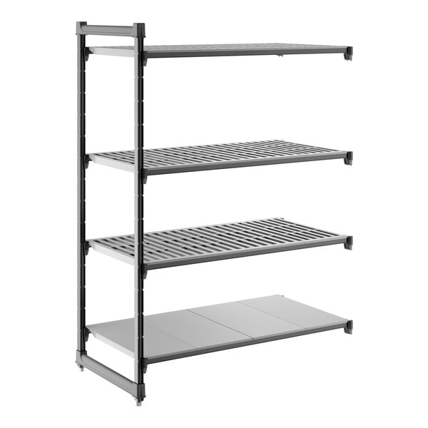 A gray shelving unit with three vented shelves and one solid shelf.