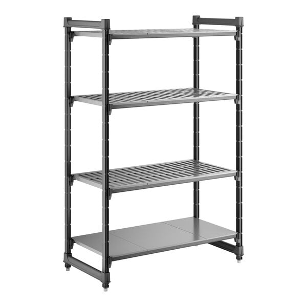 A black stationary shelving unit with three vented shelves and one solid shelf.