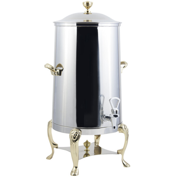 A Bon Chef stainless steel coffee chafer urn with brass trim.