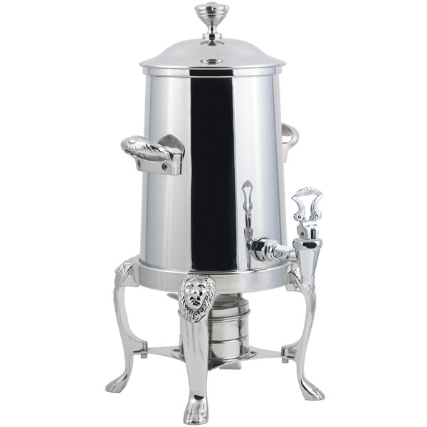 A Bon Chef stainless steel coffee chafer urn with chrome trim on a stand with a lid.