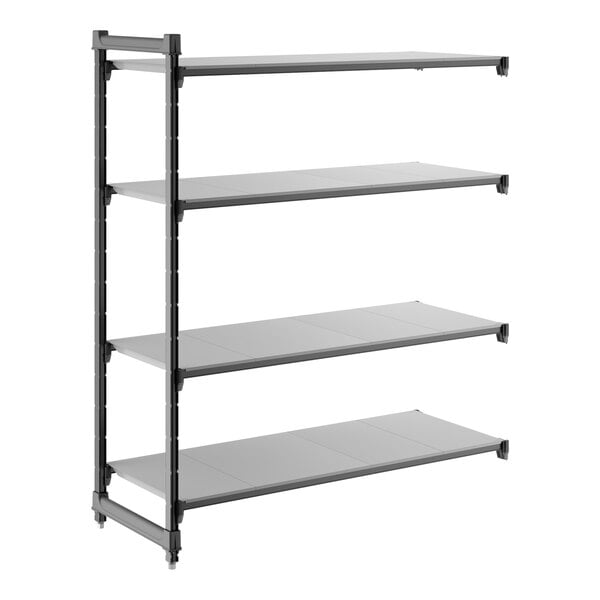 A four-shelf solid add-on shelving unit with a black frame and gray shelves.
