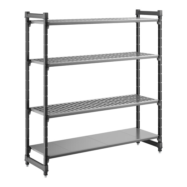 A black stationary shelving unit with three vented shelves and one solid shelf.