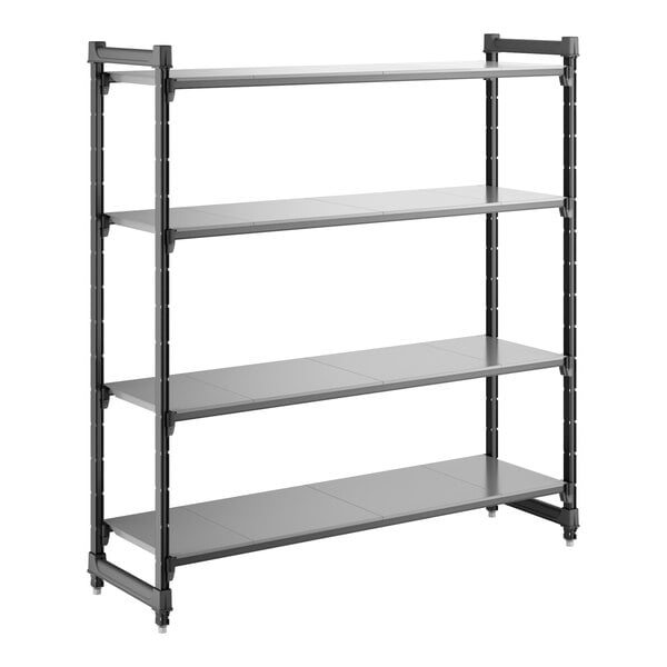 A black four-shelf stationary shelving unit with solid shelves and a sturdy frame.