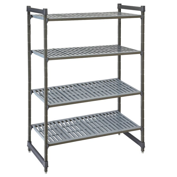 A grey metal Cambro Camshelving unit with four shelves.