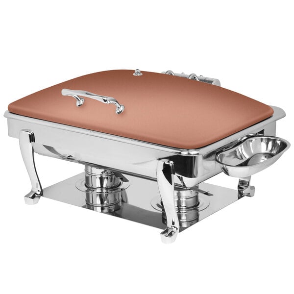 An Eastern Tabletop rectangular copper chafing dish with a brown lid.