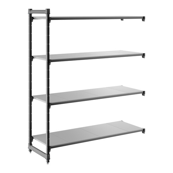 A black four-shelf add-on shelving unit with solid shelves and a metal frame.