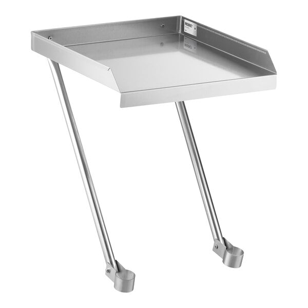 A metal drainboard with raised edges and two angled support legs.