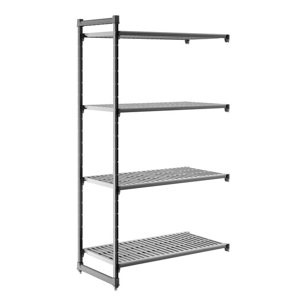 A four-tier vented shelving unit with a metal frame and slatted shelves.