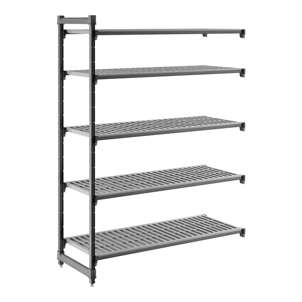 A black, five-tier vented shelving unit designed for storage and organization.