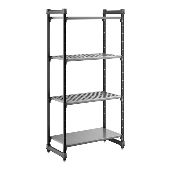 A black stationary shelving unit with three vented shelves and one solid shelf.