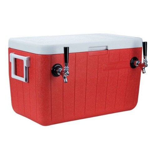 A red and white Micro Matic insulated jockey box with two taps.